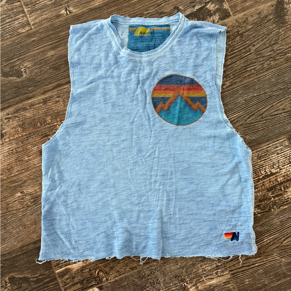Aviator Nation Light Blue Retro Stripe Logo Tank Top